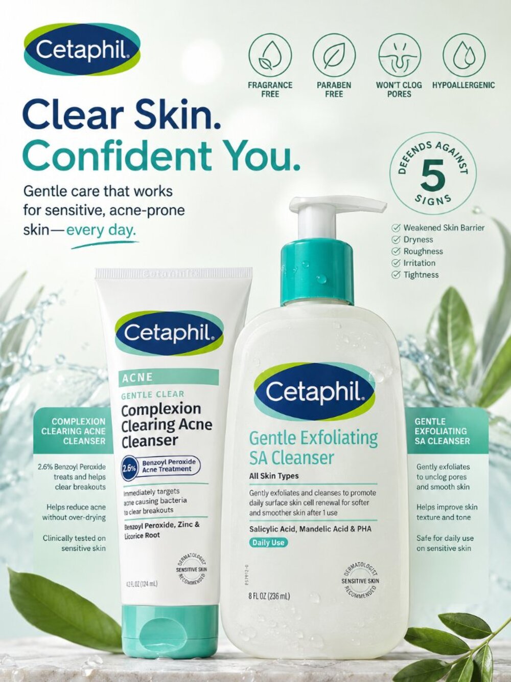 Cetaphil Acne Cleanser Bundle | Gentle Clear Benzoyl Peroxide + SA Exfoliating C